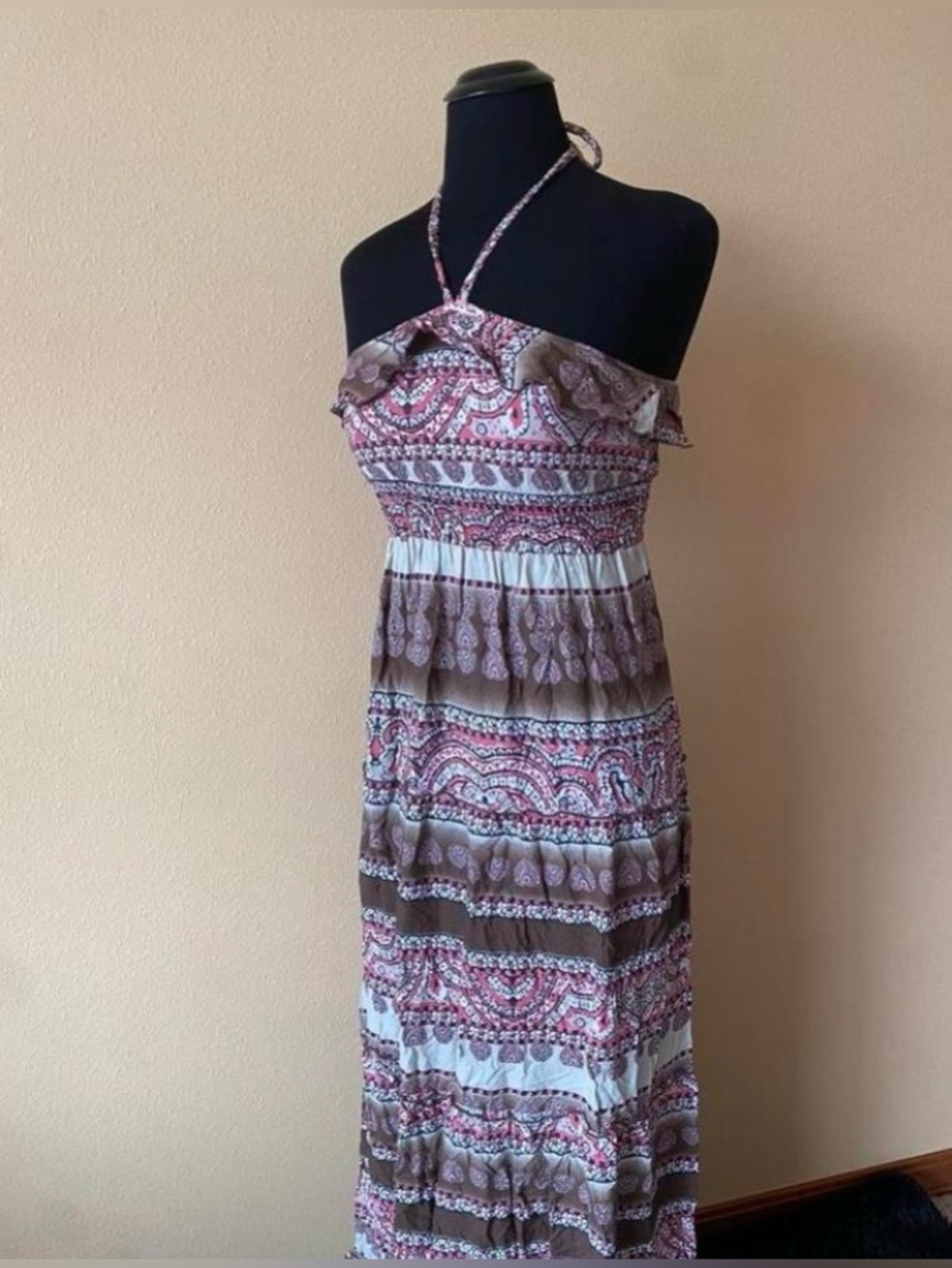 Y2k MUDD Boho Style Halter Maxi Dress with Ruffles